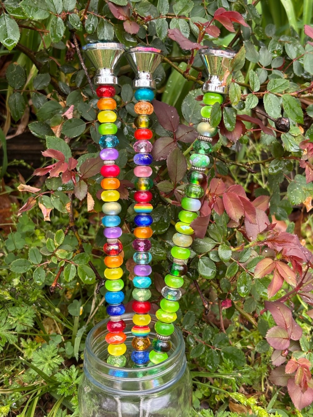 Set of 3 🌈 Colorful Beaded Glass Garden Stakes - Multicolor